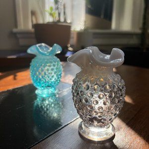 Fenton-Style Vintage Set of Blue & White Hobnail Glass Bud Vases